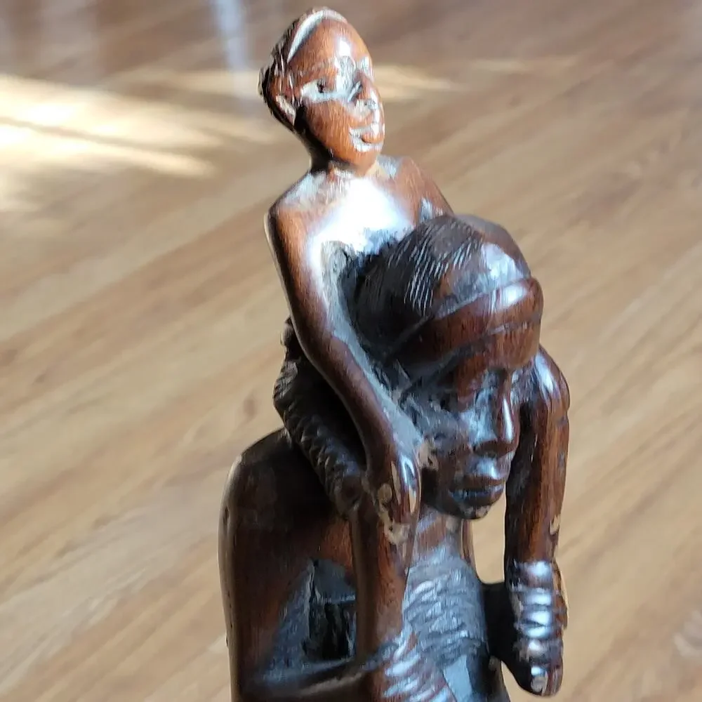 Vintage iron wood carving African women with child figurine sculpture